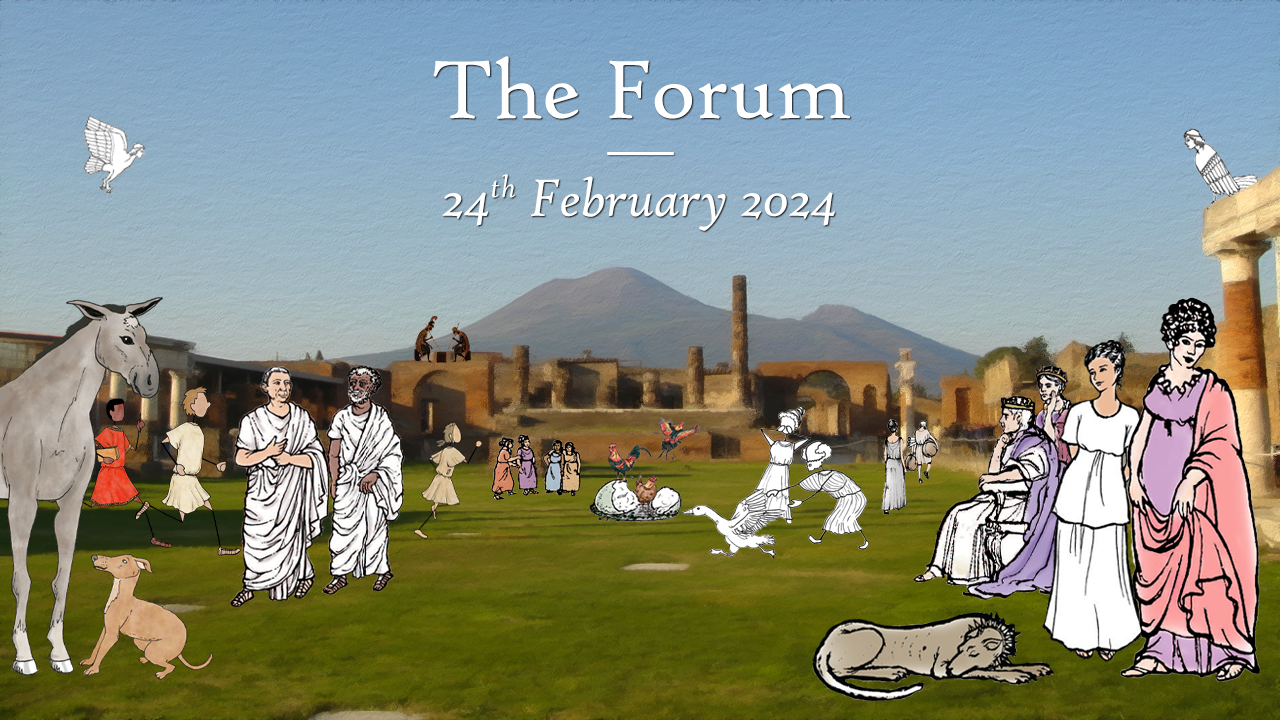 Composite image depicting a variety of characters from courses produced by the Cambridge School Classics Project again the backdrop of the forum at Pompeii as it is today. Overlaid text at top centre reads: 